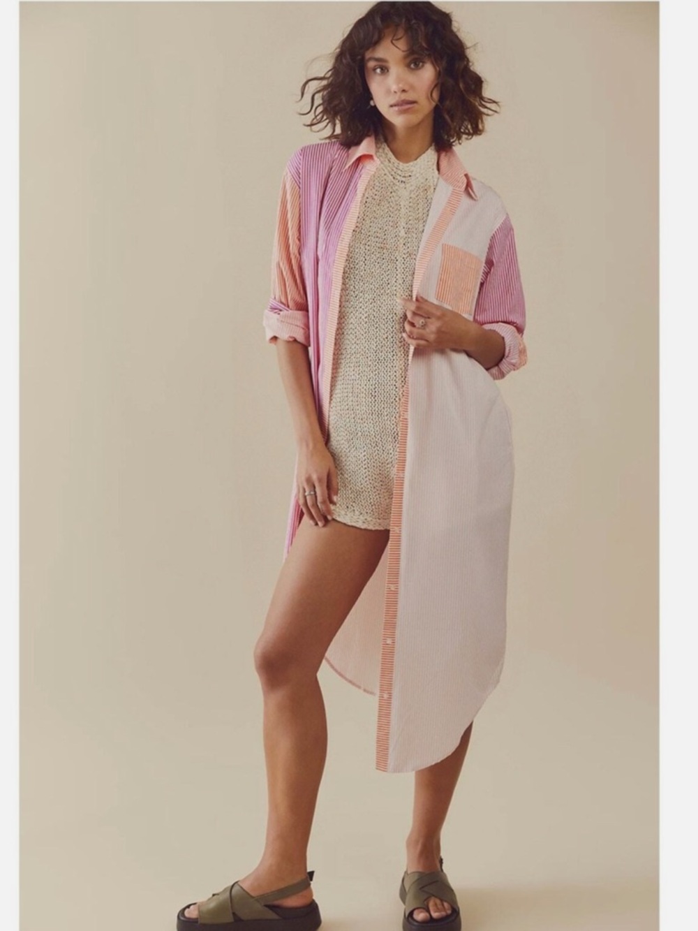 Free People X Solid & Striped Lg The Oxford Shirt Dress Tunic in Sorbet Stripe